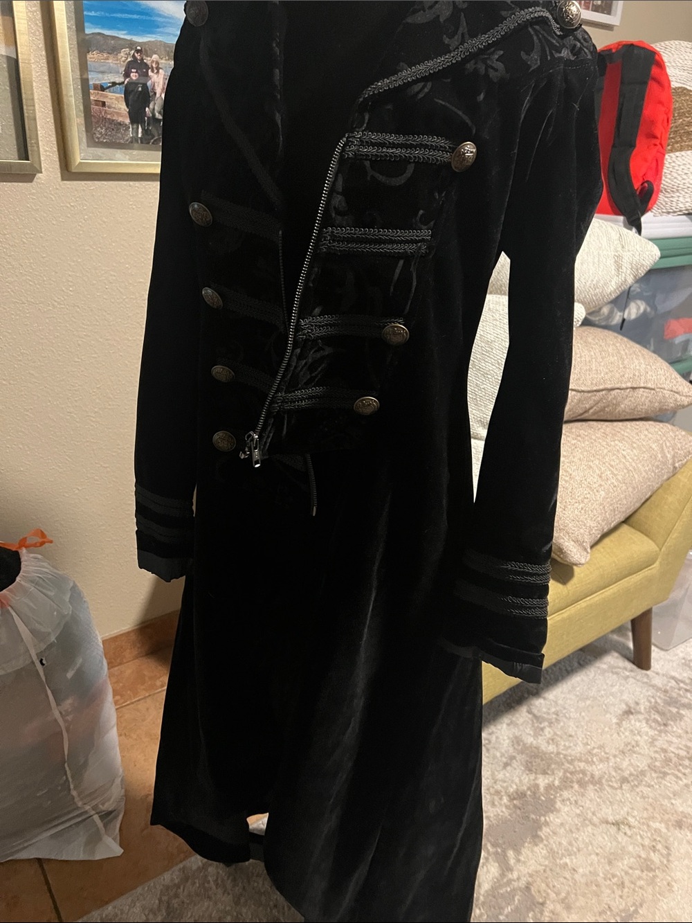 Women's Black Velvet Military-Inspired Long Coat